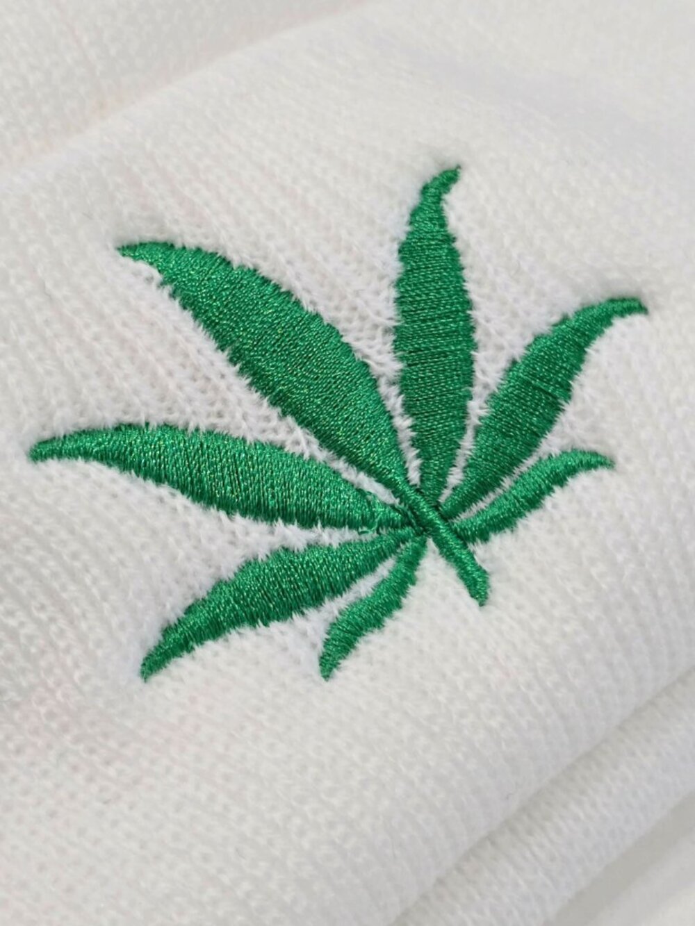 White Knit Beanie ✦ With Green Cannabis Leaf Embroidery ✦ Warm Stretch OS Unisex - Picture 5 of 8